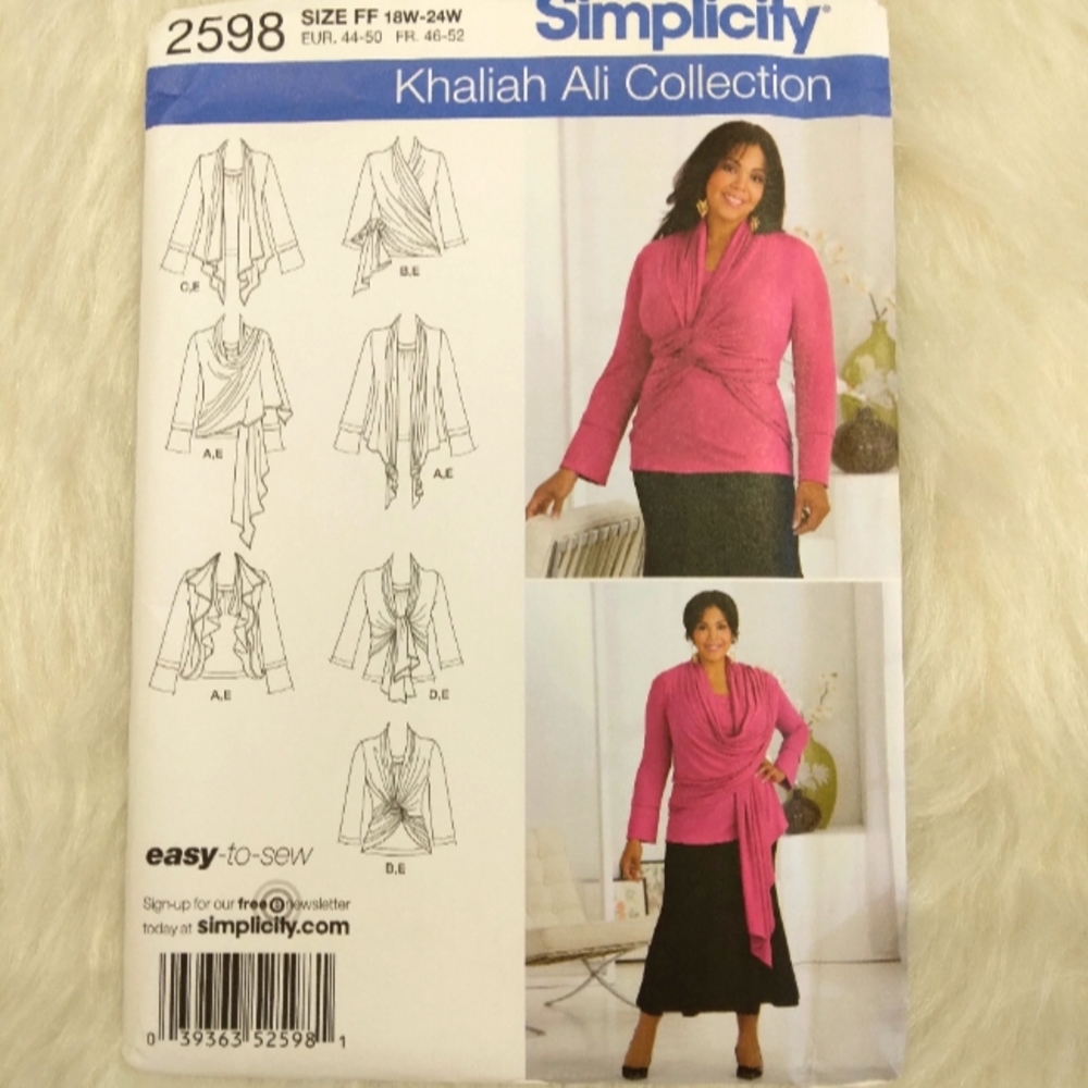 Simplicity 2598 Misses knit tops & Cardi-wraps w/front variations Sz 18W…